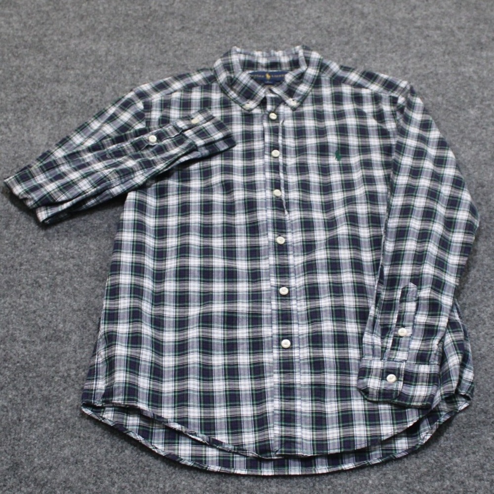 Ralph Lauren‎ Kids Plaid Button Down Shirt L/S Green Blue Size L 14-16 Cotton